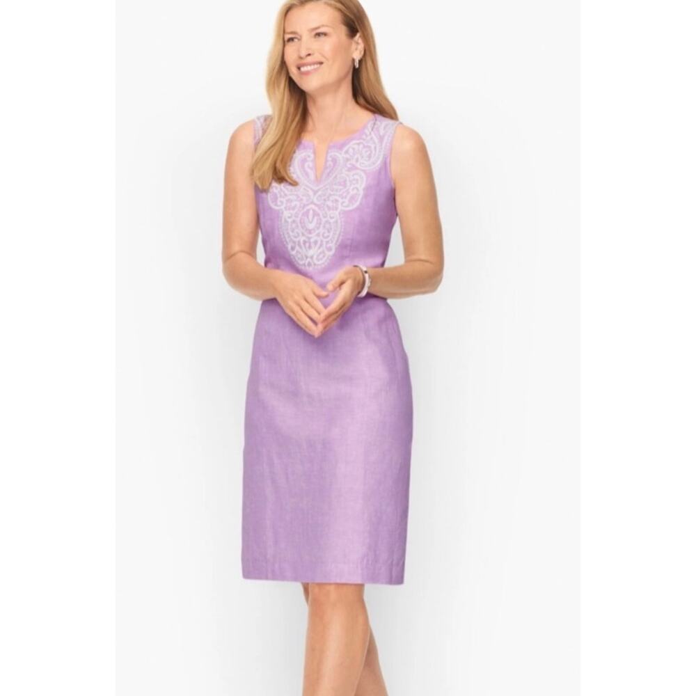 lavender Talbots sleeveless linen shift dress with white embroidery size 8P